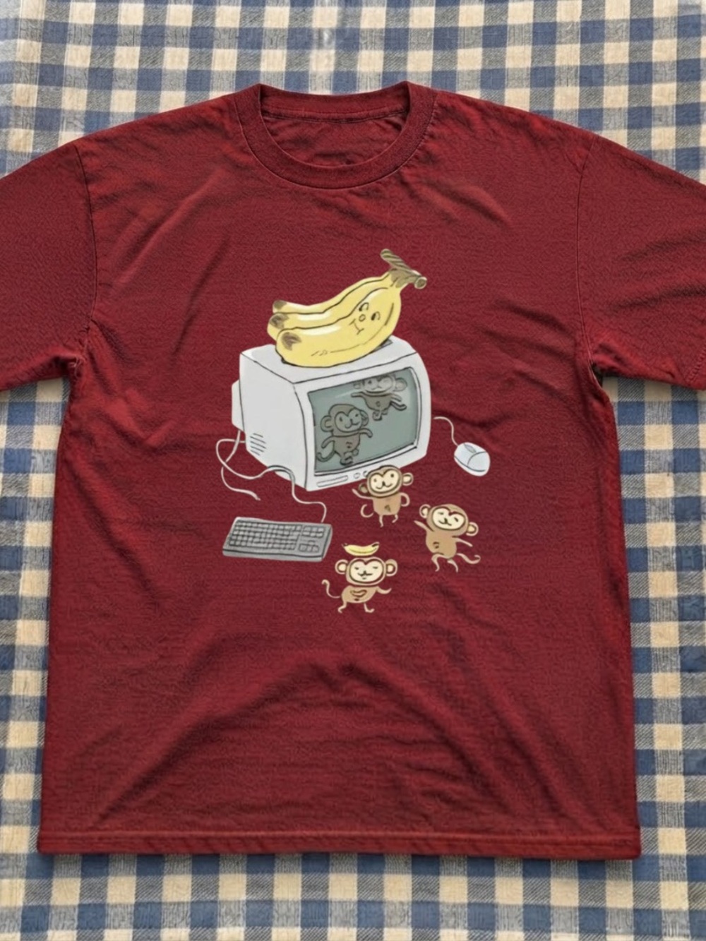 Maroon Graphic Tee with Banana & Monkeys